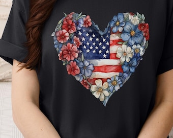 Comfort Colors 4th of July Shirt: American Flag Floral Heart Tee