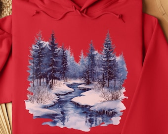 Winter Forest River Sweatshirt, Snowy Landscape Sweatshirt