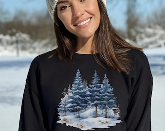 Winter Forest Sweatshirt: Snow Pine Trees Watercolor Sweatshirt Gift