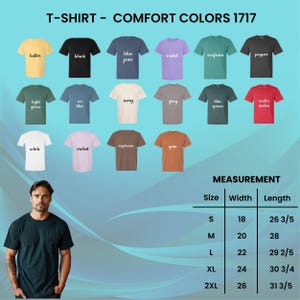K&ouml;nnte beinhalten: Eine Auswahl an Comfort Colors T-Shirts in verschiedenen Farben, darunter Schwarz, Blue Jean und Violett. Das Bild zeigt eine Gr&ouml;&szlig;entabelle mit Ma&szlig;en in Zoll f&uuml;r Breite und L&auml;nge, von Gr&ouml;&szlig;e S bis 2XL. Der Text lautet 'T-SHIRT - COMFORT COLORS 1717'.