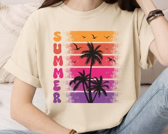 Retro Sunset Palm Tree Graphic Tee - Comfort Colors Summer Shirt