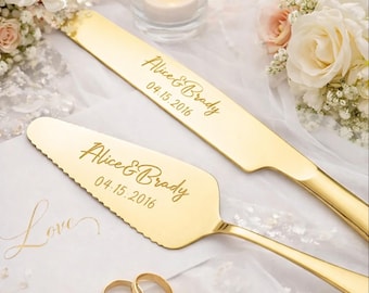 Set de corte de tarta de boda personalizado: cuchillo y servidor en caja de regalo grabada