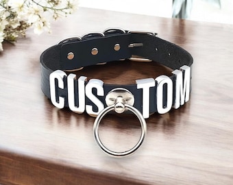 Customized Large Ring Collar Choker, Personalized Leather Choker With Metal Letters, Custom Name Collar Necklace, Anniversary Gift for her