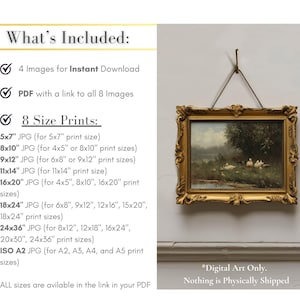 May include: A digital art download listing featuring a landscape painting of ducks by a pond in an ornate gold frame. The text lists 4 images for instant download, a PDF with a link to 8 images, and 8 size prints ranging from 5x7 inches to 24x36 inches.