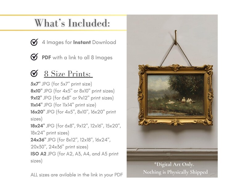 May include: A digital art download listing featuring a landscape painting of ducks by a pond in an ornate gold frame. The text lists 4 images for instant download, a PDF with a link to 8 images, and 8 size prints ranging from 5x7 inches to 24x36 inches.