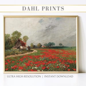 Poppy Flower Meadow PRINTABLE, Vintage Country Landscape Painting, Cottagecore Living Room Wall Decor, DIGITAL Field Poppies Art Print LS-13