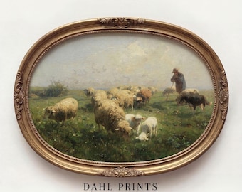 Vintage Pastoral Sheep Art Print: Rustic Farmhouse Wall Decor, Spring Lamb Meadow Landscape Painting PRINTABLE (Digital Download)