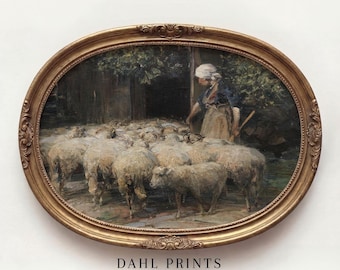 Vintage Sheep Art Print: Moody European Farmhouse Wall Decor, Rustic Shepherdess Farm Animal Painting PRINTABLE (Digital Download)