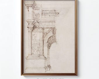 May include: A framed architectural sketch in sepia tones. The drawing depicts a classical archway with detailed columns, carvings, and inscriptions. The frame is a warm gold color. The text "DAHL PRINTS Authentic Vintage Art" is at the bottom.