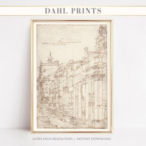 Antieke architectuurposter, Europese stadsgezicht zeer fijne tekeningen, digitale vintage neutrale Italiaanse gebouwen AFDRUKBARE, minimalistische schetskunst A-06