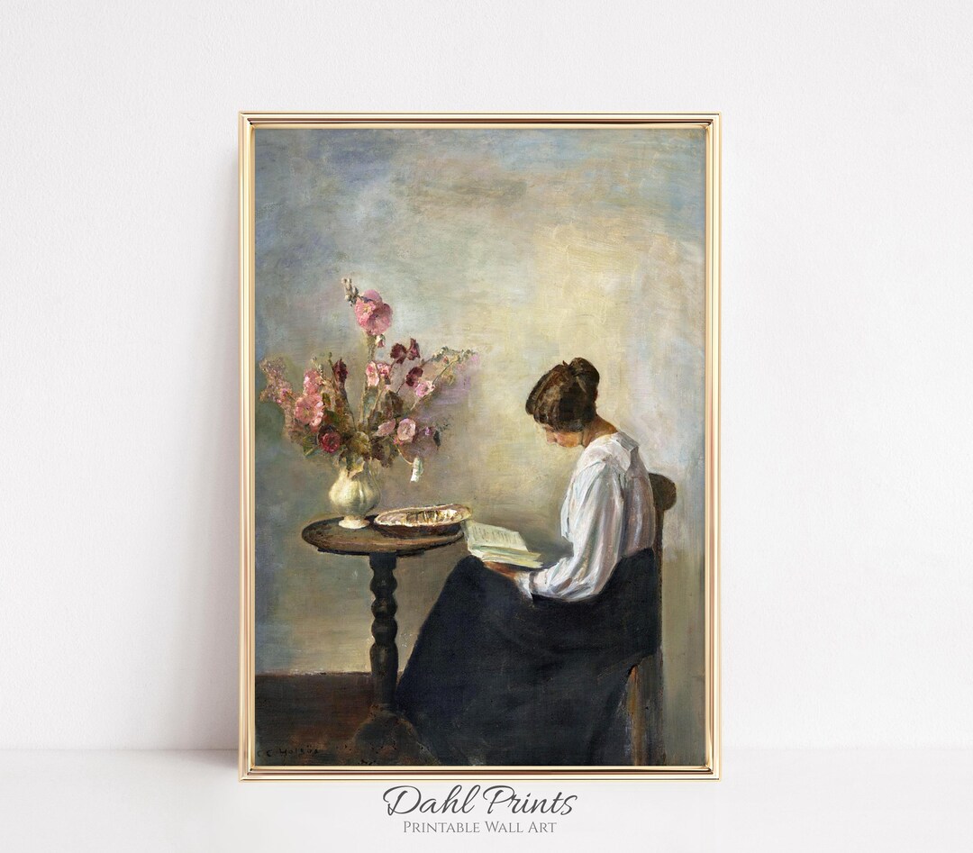 Woman Reading Book Vintage Art Print, Female Portrait Oil Painting ...