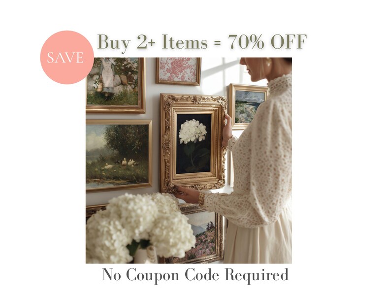 Puede incluir: Una pared de galer&iacute;a con arte enmarcado con marcos dorados ornamentados. El arte incluye pinturas de paisajes y una impresi&oacute;n floral. La imagen tambi&eacute;n incluye el texto "Buy 2+ Items = 70% OFF" y "No Coupon Code Required".