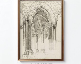 Notre Dame Cathedral Architecture PRINTABLE: Vintage Church Building Charcoal Drawing, Neutral French Country Wall Decor (Digital Download)