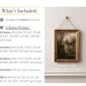 May include: A digital art download listing featuring a framed painting of a person leaning against a tree in a forest. The text lists five ratio options for JPG files including 2:3, 3:4, 4:5, 11:14, and ISO A, with various imperial print sizes listed.