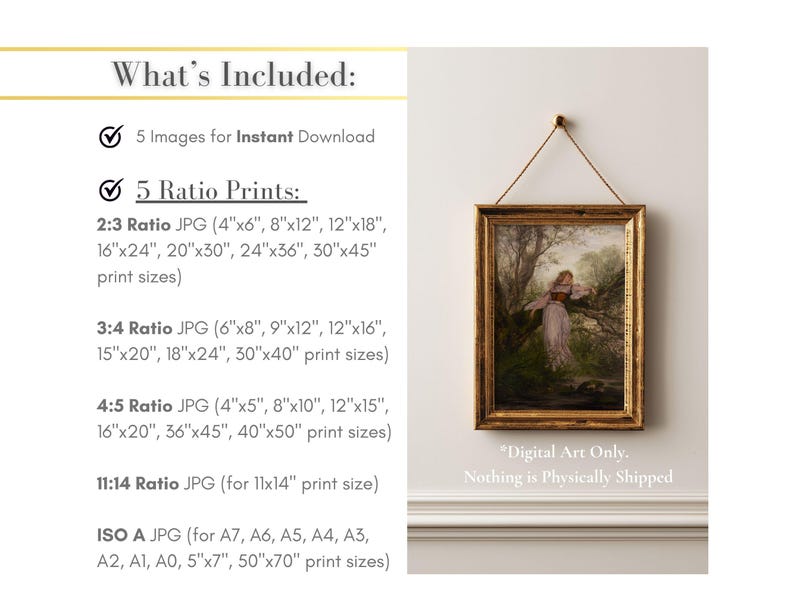 May include: A digital art download listing featuring a framed painting of a person leaning against a tree in a forest. The text lists five ratio options for JPG files including 2:3, 3:4, 4:5, 11:14, and ISO A, with various imperial print sizes listed.