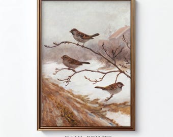 Winter Sparrows Art Print: Vintage Holiday Wall Decor, Neutral Farmhouse Song Bird Painting (Digital Download)