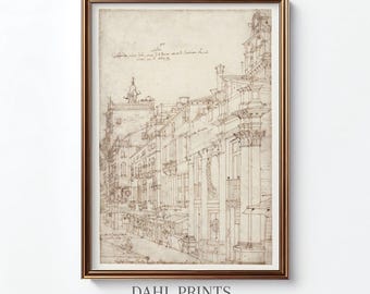 May include: A framed architectural sketch print in sepia tones. The artwork depicts a detailed street scene with buildings, columns, and a domed structure. The frame is a dark brown color. The text "DAHL PRINTS Authentic Vintage Art" is at the bottom.