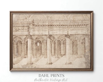May include: Framed sepia-toned architectural print featuring a detailed sketch of a classical building with columns and arches. The print is in a brown wooden frame. The text "DAHL PRINTS Authentic Vintage Art" is at the bottom.