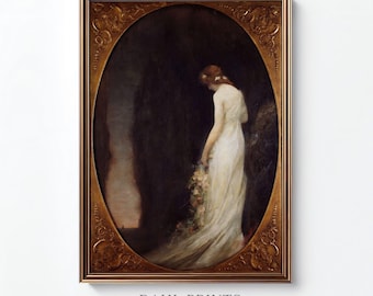 Moody Bride Portrait PRINTABLE: Dark Academia Bedroom Wall Decor, Vintage Female Figure Art Print, Victorian Oil Painting (Digital Download)