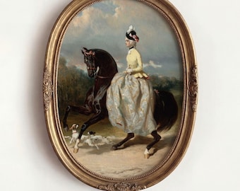 Marie Antoinette Horseback Riding PRINTABLE: Maximalist Female Portrait Painting, Vintage French Country Art Print (Digital Download)