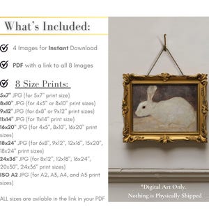 Puede incluir: Una impresi&oacute;n enmarcada de estilo vintage de un conejo blanco, colgada en una pared. El marco dorado adornado rodea la imagen del conejo. El texto en la imagen dice "What's Included" y enumera los detalles de la descarga digital. El texto tambi&eacute;n dice "Digital Art Only. Nothing is Physically Shipped."
