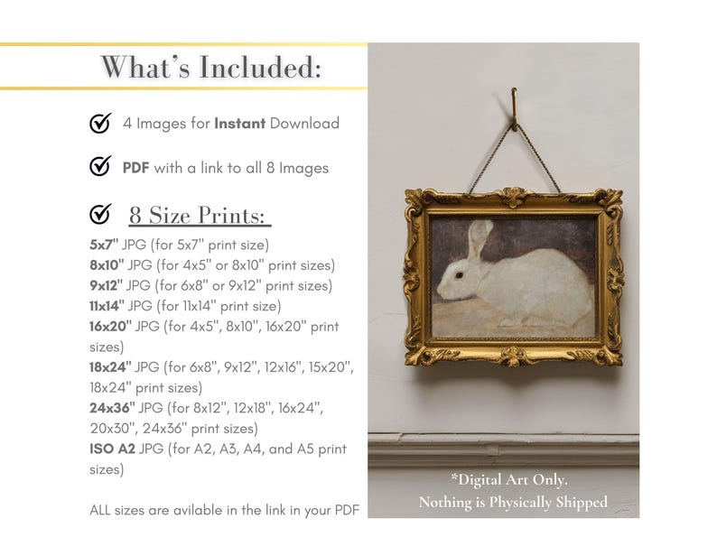 Puede incluir: Una impresi&oacute;n enmarcada de estilo vintage de un conejo blanco, colgada en una pared. El marco dorado adornado rodea la imagen del conejo. El texto en la imagen dice "What's Included" y enumera los detalles de la descarga digital. El texto tambi&eacute;n dice "Digital Art Only. Nothing is Physically Shipped."