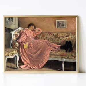 Woman Reading Book Vintage Art Print, Female Lounging on Sofa Bedroom Print, Library Wall Art Decor, Antique Reading Nook PRINTABLE P-03