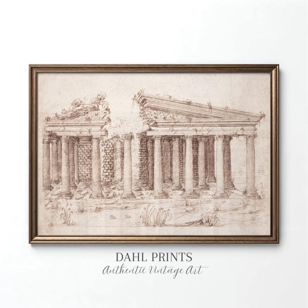 Romeinse tempelarchitectuur AFDRUKBAAR: antieke pen- en inkttekening, gebouwschets Art Print, neutraal wanddecor (digitale download)