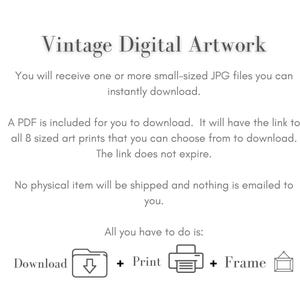 Puede incluir: Anuncio de obras de arte digitales. El texto dice "Vintage Digital Artwork" y explica el proceso de descarga: descargar, imprimir y enmarcar. La imagen incluye iconos para descargar, imprimir y enmarcar.