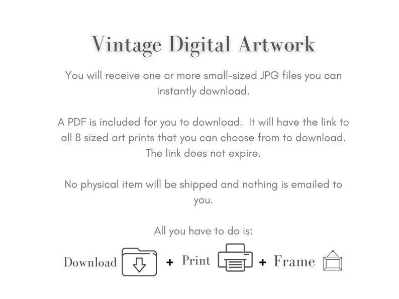 Puede incluir: Anuncio de obras de arte digitales. El texto dice "Vintage Digital Artwork" y explica el proceso de descarga: descargar, imprimir y enmarcar. La imagen incluye iconos para descargar, imprimir y enmarcar.
