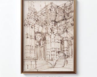May include: A framed architectural sketch in sepia tones. The artwork depicts a detailed drawing of a building with columns, arches, and figures. The frame is a warm gold color. The text "DAHL PRINTS Authentic Vintage Art" is at the bottom.