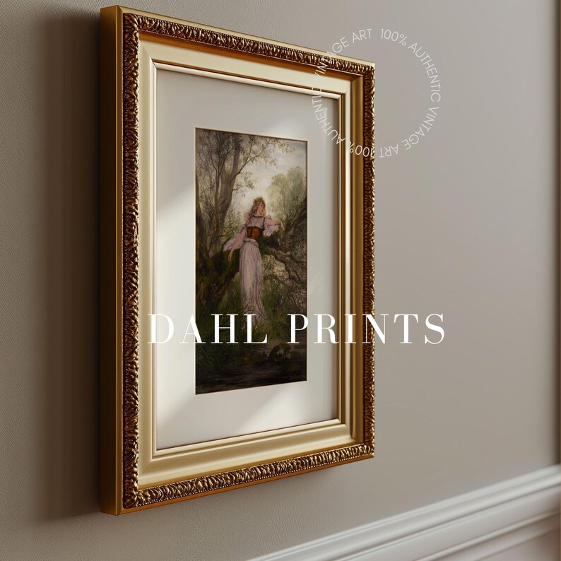 May include: A framed art print titled DAHL PRINTS featuring a figure in a long dress standing in a wooded landscape. The artwork is enclosed in an ornate gold frame with a white mat. A circular watermark reads 100% AUTHENTIC VINTAGE ART.
