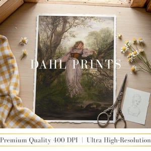 May include: A rectangular art print titled DAHL PRINTS featuring a painting of a person in a long dress and corset standing in a forest. The print has deckled edges and is displayed with metal scissors, a small sketch, and white daisies.