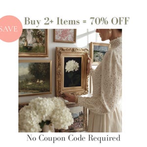 May include: A gallery wall featuring multiple framed landscape and floral art prints in ornate gold frames. A central frame displays a white hydrangea on a black background. The text reads: SAVE Buy 2+ Items = 70% OFF No Coupon Code Required.