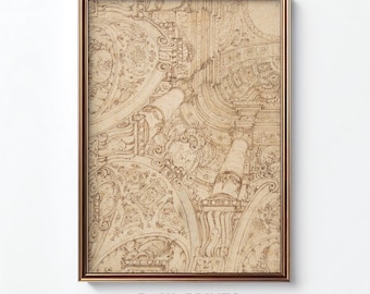 May include: Framed architectural drawing with intricate details in sepia tones. The artwork features ornate scrollwork, columns, and arches, set within a dark brown frame. The text "DAHL PRINTS Authentic Vintage Art" is at the bottom.