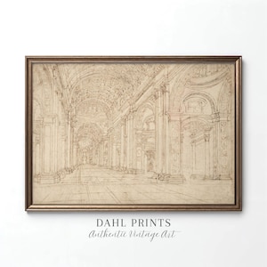 Op de afbeelding: Een ingelijste architectuurschets in sepia tinten. Het kunstwerk toont een lang, gewelfd interieur met zuilen en bogen, die doen denken aan een kathedraal of grote hal. De lijst is warmbruin. De tekst "DAHL PRINTS Authentic Vintage Art" staat onderaan.