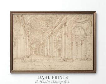 May include: A framed architectural sketch print in sepia tones. The artwork depicts a cathedral interior with columns, arches, and a vaulted ceiling. The frame is a dark bronze color. The text "DAHL PRINTS Authentic Vintage Art" is at the bottom.