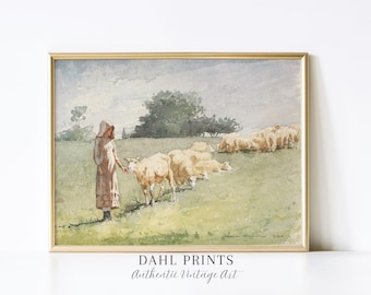 Vintage Shepherdess PRINTABLE: Pastoral Sheep Watercolor Painting, Farm Animal Art Print, Cottagecore Nursery Wall Decor (Digital Download)