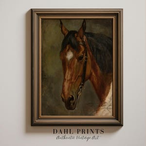 May include: A framed vintage painting of a horse's head. The horse has a brown coat with a black mane and a white diamond-shaped marking on its forehead. The painting is in a dark wooden frame.