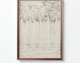 May include: A framed pencil sketch of an architectural interior, featuring columns and arches. The artwork is in a gold-colored frame. The text "DAHL PRINTS Authentic Vintage Art" is at the bottom of the image.