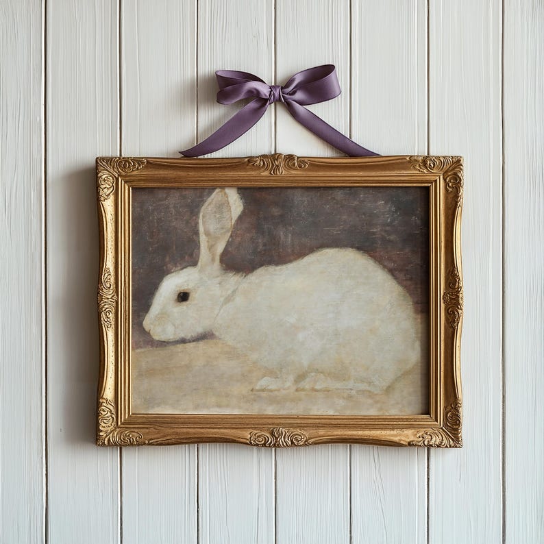 Puede incluir: Pintura enmarcada de un conejo blanco con orejas largas, sobre un fondo oscuro. La pintura est&aacute; en un marco dorado adornado y est&aacute; rematada con un lazo de sat&eacute;n p&uacute;rpura. La obra de arte est&aacute; colgada en una pared de madera blanca.