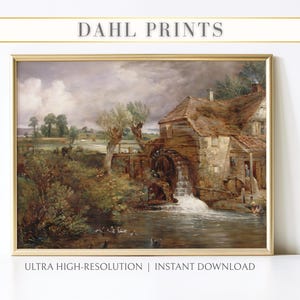 Moody Country Mill Landscape Painting PRINTABLE, Rustic Farmhouse Kitchen Wall Decor, DIGITAL Vintage Water Wheel Cottage Art Print LS-07