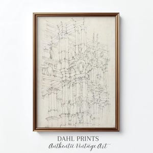 Op de afbeelding: Een ingelijste architectonische schets in een goudkleurige lijst. Het kunstwerk toont een gedetailleerde potloodtekening van een gebouwgevel met zuilen, bogen en ingewikkelde details. De tekst "DAHL PRINTS Authentic Vintage Art" staat onderaan.
