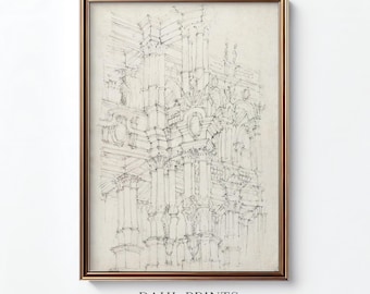 May include: A framed architectural sketch in a gold-toned frame. The black and white drawing depicts a detailed building facade with columns, arches, and intricate details. The text "DAHL PRINTS Authentic Vintage Art" is at the bottom of the frame.