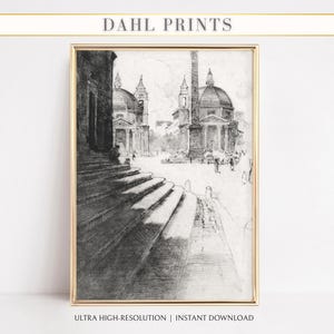 Rome Italy Print: Antique Cityscape Ink Drawing, European Architecture (Digital Download)