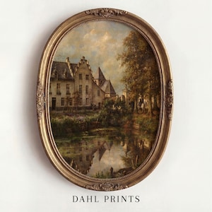 May include: An oval-shaped framed print featuring a landscape painting of a European castle reflected in a body of water. The frame is gold-colored with ornate detailing. The text "DAHL PRINTS" is printed at the bottom of the frame.