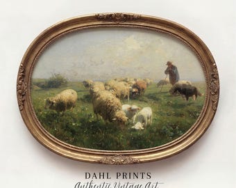 Lámina artística vintage de ovejas pastoriles: decoración rústica de pared de granja, pintura de paisaje de prado de corderos primaverales, imprimible (descarga digital)