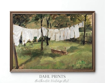 Vintage Laundry Art Print: Cottagecore Summer Clothesline Painting PRINTABLE, Rustic Farmhouse Laundry Room Wall Decor (Digital Download)