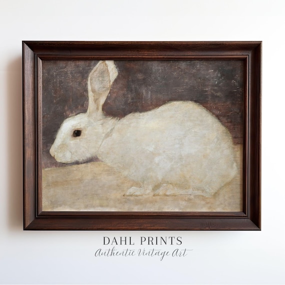 Vintage Bunny Art Print: Antique Country Rabbit Still Life Oil Painting, Neutral Cottagecore Pet Wall Decor PRINTABLE (Digital Download)