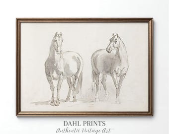 Vintage Horses Art Print, Antique Equestrian PRINTABLE, Neutral Minimalist Horse Drawing, DIGITAL Sketch Western Decor